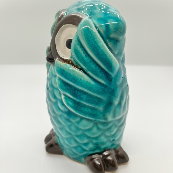 Bashful Owl 6" Glazed Ceramic Figurine Teal Blue Statue Decor Handmade Pottery - Picture 3 of 7